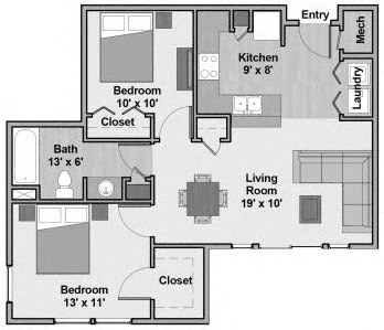 Floor plan for 2 beds, 1 bath, 805 sqft